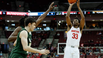 COLUMBUS, OH - DECEMBER 09: Ohio State Buckeyes forward Keita Bates-Diop (33) shoots a three point shot during a game between the Ohio State Buckeyes and the William & Mary Tribe on December 9, 2017 at Value City Arena in Columbus, OH. (Photo by Adam Lacy/Icon Sportswire via Getty Images)