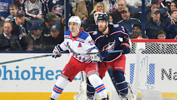 COLUMBUS, OH - JANUARY 13: Chris Kreider #20 of the New York Rangers and David Savard #58 of the Columbus Blue Jackets battle for position in front of goaltender Sergei Bobrovsky #72 of the Columbus Blue Jackets during the third period of a game on January 13, 2019 at Nationwide Arena in Columbus, Ohio. (Photo by Jamie Sabau/NHLI via Getty Images)