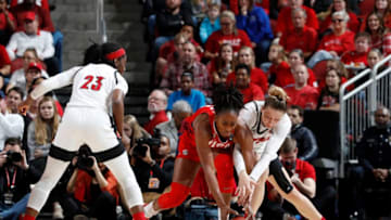 LOUISVILLE, KY - FEBRUARY 02: Nneka Ogwumike #16 of the USA Women's National goes for a loose ball against Kylee Shook #21 of the Louisville Cardinals during an exhibition game at KFC YUM! Center on February 2, 2020 in Louisville, Kentucky. (Photo by Joe Robbins/Getty Images)