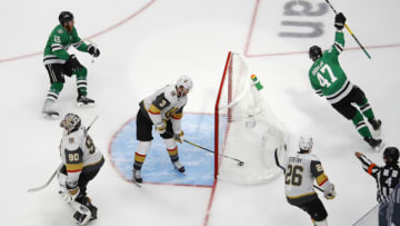 EDMONTON, ALBERTA - SEPTEMBER 10: Alexander Radulov #47 of the Dallas Stars scores the game-winning goal past Robin Lehner #90 of the Vegas Golden Knights during the first overtime period to give the Stars the 3-2 victory in Game Three of the Western Conference Final during the 2020 NHL Stanley Cup Playoffs at Rogers Place on September 10, 2020 in Edmonton, Alberta, Canada. (Photo by Bruce Bennett/Getty Images)