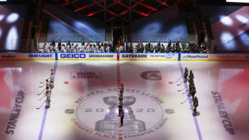Players line up for the national anthem before the start of a game between the Vegas Golden Knights and the Chicago Blackhawks in Game One of the Western Conference First Round during the 2020 NHL Stanley Cup Playoffs. (Photo by Jeff Vinnick/Getty Images)