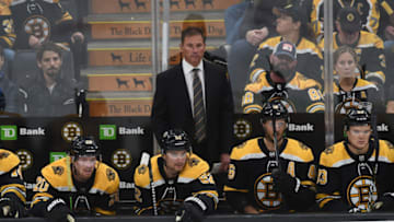BOSTON, MA - OCTOBER 13: Head coach Bruce Cassidy of the Boston Bruins watches the third period against the New Jersey Devils at the TD Garden on October 13, 2019 in Boston, Massachusetts. (Photo by Steve Babineau/NHLI via Getty Images)