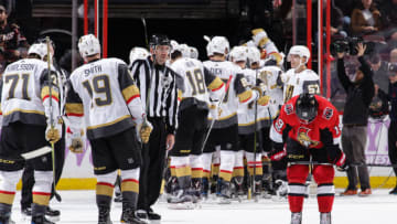 OTTAWA, ON - NOVEMBER 4: Members of the Vegas Golden Knights celebrate their win as Derick Brassard