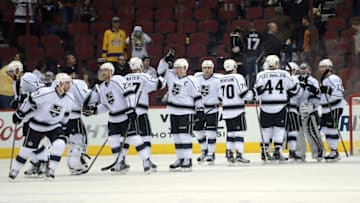 Feb 2, 2016; Glendale, AZ, USA; The Los Angeles Kings celebrate after defeating the Arizona Coyotes at Gila River Arena. The Kings won 6-2. Mandatory Credit: Joe Camporeale-USA TODAY Sports