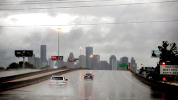 HOUSTON, TX - AUGUST 26: Rain from Hurricane Harvey batters the downtown area on August 26, 2017 in Houston, Texas. Harvey, which made landfall north of Corpus Christi late last night, is expected to dump upwards to 40 inches of rain in Texas over the next couple of days. (Photo by Scott Olson/Getty Images)