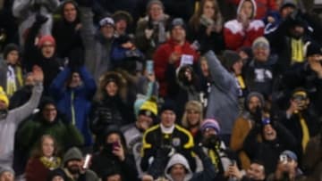 Nov 22, 2015; Columbus, OH, USA; Columbus Crew forward Kei Kamara (23) celebrates with teammates after scoring a goal against the New York Red Bulls in the second half of leg one of the Eastern Conference championship at Mapfre Stadium. The Crew won 2-0. Mandatory Credit: Aaron Doster-USA TODAY Sports