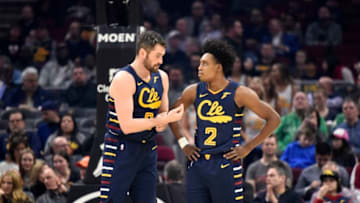 CLEVELAND, OHIO - MARCH 04: Kevin Love #0 talks with Collin Sexton #2 of the Cleveland Cavaliers during the first half at Rocket Mortgage Fieldhouse on March 04, 2020 in Cleveland, Ohio. NOTE TO USER: User expressly acknowledges and agrees that, by downloading and/or using this photograph, user is consenting to the terms and conditions of the Getty Images License Agreement. (Photo by Jason Miller/Getty Images)
