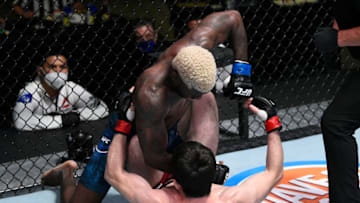 LAS VEGAS, NEVADA - AUGUST 22: (L-R) Trevin Jones punches Timur Valiev of Russia in their fight during the UFC Fight Night event at UFC APEX on August 22, 2020 in Las Vegas, Nevada. (Photo by Chris Unger/Zuffa LLC)