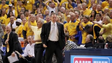 May 28, 2014; Indianapolis, IN, USA; Indiana Pacers head coach Frank Vogel and fans react during the fourth quarter in game five against the Miami Heat of the Eastern Conference Finals of the 2014 NBA Playoffs at Bankers Life Fieldhouse. Indiana defeats Miami 93-90. Mandatory Credit: Brian Spurlock-USA TODAY Sports