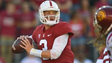 PALO ALTO, CA - SEPTEMBER 08: K.J. Costello #3 of the Stanford Cardinal drops back to pass against the USC Trojans in the first quarter of an NCAA football game at Stanford Stadium on September 8, 2018 in Palo Alto, California. (Photo by Thearon W. Henderson/Getty Images)