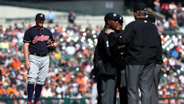 Apr 24, 2016; Detroit, MI, USA; Cleveland Indians relief pitcher Bryan Shaw (27) looks towards the umpires during a stop in play in the eighth inning at Comerica Park. The Indians won 6-3. Mandatory Credit: Aaron Doster-USA TODAY Sports
