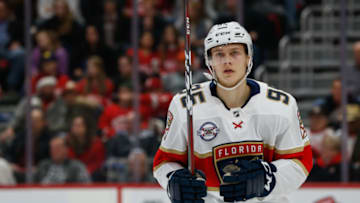 DETROIT, MI - DECEMBER 22: Florida Panthers forward Henrik Borgstrom, of Finland, (95) looks on during a regular season NHL hockey game between the Florida Panthers and the Detroit Red Wings on December 22, 2018, at Little Caesars Arena in Detroit, Michigan. (Photo by Scott Grau/Icon Sportswire via Getty Images)