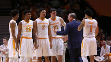 Jan 3, 2017; Knoxville, TN, USA; The Tennessee Volunteers with head coach Rick Barnes during the first half against the Arkansas Razorbacks at Thompson-Boling Arena. Mandatory Credit: Randy Sartin-USA TODAY Sports