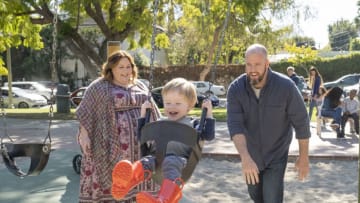 THIS IS US -- "Saturday in the Park" Episode 611 -- Pictured: (l-r) Chrissy Metz as Kate, Baby Jack, Chris Sullivan as Toby -- (Photo by: Ron Batzdorff/NBC)