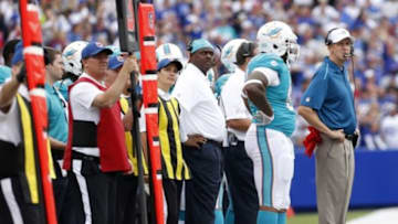 Sep 14, 2014; Orchard Park, NY, USA; Miami Dolphins head coach Joe Philbin on the sideline during the first half against the Buffalo Bills at Ralph Wilson Stadium. Mandatory Credit: Kevin Hoffman-USA TODAY Sports