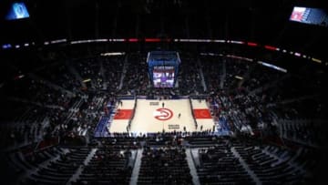 Feb 25, 2015; Atlanta, GA, USA; The Dallas Mavericks and the Atlanta Hawks stand for the national anthem before their game at Philips Arena. Mandatory Credit: Jason Getz-USA TODAY Sports