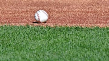 Sep 15, 2016; Kansas City, MO, USA; A general view of a baseball on the field prior to the game between the Oakland Athletics and the Kansas City Royals at Kauffman Stadium. Mandatory Credit: Peter G. Aiken-USA TODAY Sports