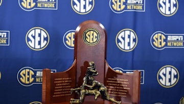 Dec 4, 2015; Atlanta, GA, USA; The SEC trophy on display before the SEC coaches press conference with Alabama Crimson Tide head coach Nick Saban and Florida Gators head coach Jim McElwain at the Georgia Dome. Mandatory Credit: John David Mercer-USA TODAY Sports