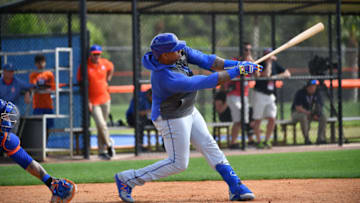 PORT ST. LUCIE, FLORIDA - FEBRUARY 20: Yoenis Cespedes #52 of the New York Mets hitting batting practice during the team workout at Clover Park on February 20, 2020 in Port St. Lucie, Florida. (Photo by Mark Brown/Getty Images)