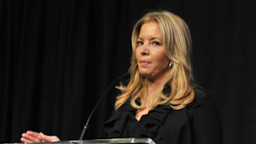 LOS ANGELES, CA - JANUARY 25: Part-owner and president of the Los Angeles Lakers Jeanie Buss speaks during the 12th Annual Lakers All-Access at Staples Center on January 25, 2016 in Los Angeles, California. (Photo by Allen Berezovsky/WireImage)