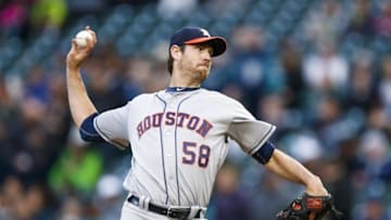 Apr 25, 2016; Seattle, WA, USA; Houston Astros starting pitcher Doug Fister (58) throws against the Seattle Mariners during the first inning at Safeco Field. Mandatory Credit: Joe Nicholson-USA TODAY Sports