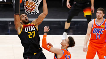 Jazz center Rudy Gobert (27) dunks over OKC Thunder center Isaiah Roby (22): Jeffrey Swinger-USA TODAY Sports