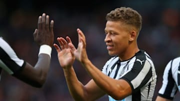 BRADFORD, ENGLAND - JULY 26: Dwight Gayle of Newcastle United celebrates after scoring the opening goal during a pre-season friendly match between Bradford City and Newcastle United at Northern Commercials Stadium on July 26, 2017 in Bradford, England. (Photo by Alex Livesey/Getty Images)