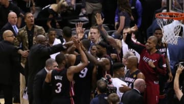 Jun 8, 2014; San Antonio, TX, USA; Miami Heat forward LeBron James (6) and teammates celebrate a victory against the San Antonio Spurs in game two of the 2014 NBA Finals at AT&T Center. The Heat beat the Spurs 98-96. Mandatory Credit: Soobum Im-USA TODAY Sports