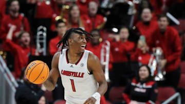 U of L’s Mike James (1) reacted as he dribbled out their 68-58 victory over Georgia Tech at the Yum Center in Louisville, Ky. on Feb. 1, 2023. The Cards broke a ten game losing streak against Yellow Jackets.Uofl Tech02 Sam