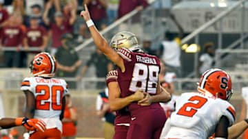 Oct 2, 2021; Tallahassee, Florida, USA; Florida State Seminoles kicker Ryan Fitzgerald (88) celebrates after kicking a game-winning field goal against the Syracuse Orange at Doak S. Campbell Stadium. Mandatory Credit: Melina Myers-USA TODAY Sports