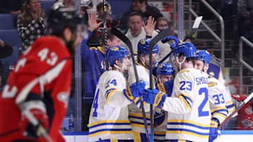 Mar 25, 2022; Buffalo, New York, USA; Buffalo Sabres left wing Jeff Skinner (53) celebrates his second goal of the game with teammates during the second period against the Washington Capitals at KeyBank Center. Mandatory Credit: Timothy T. Ludwig-USA TODAY Sports