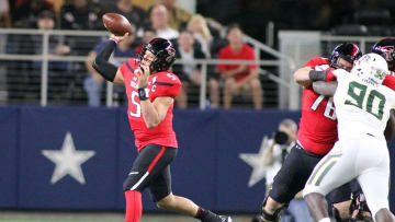 Nov 25, 2016; Arlington, TX, USA; Texas Tech Red Raiders quarterback Patrick Mahomes (5) passes against the Baylor Bears in the first half at AT&T Stadium. Mandatory Credit: Michael C. Johnson-USA TODAY Sports