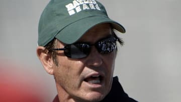 Oct 10, 2015; Lawrence, KS, USA; Baylor Bears head coach Art Briles watches against the Kansas Jayhawks in the second half at Memorial Stadium. Baylor won the game 66-7. Mandatory Credit: John Rieger-USA TODAY Sports