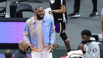 ORLANDO, FL - APRIL 26: LeBron James #23 of the Los Angeles Lakers reacts to the bench against the Orlando Magic during the second half at Amway Center on April 26, 2021 in Orlando, Florida. NOTE TO USER: User expressly acknowledges and agrees that, by downloading and or using this photograph, User is consenting to the terms and conditions of the Getty Images License Agreement. (Photo by Alex Menendez/Getty Images)