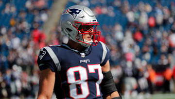 FOXBOROUGH, MA - SEPTEMBER 30: New England Patriots tight end Rob Gronkowski (87) in warm up before a game between the New England Patriots and the Miami Dolphins on September 30, 2018, at Gillette Stadium in Foxborough, Massachusetts. The Patriots defeated the Dolphins 38-7. (Photo by Fred Kfoury III/Icon Sportswire via Getty Images)