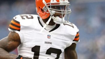 Dec 8, 2013; Foxborough, MA, USA; Cleveland Browns wide receiver Josh Gordon (12) warms up before the start of the game against the New England Patriots at Gillette Stadium. Mandatory Credit: David Butler II-USA TODAY Sports