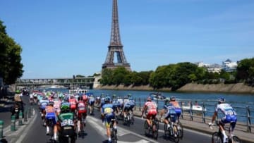 July 22, 2012; Paris, FRANCE; A general view as the peloton makes its way past the Eiffel Tower during stage twenty of the 2012 Tour de France in Paris. Mandatory Credit: Bernard Papon/Presse Sports via USA TODAY Sports