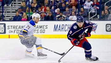 COLUMBUS, OH - MARCH 24: Artemi Panarin #9 of the Columbus Blue Jackets skates the puck away from Vladimir Sobotka #71 of the St. Louis Blues during the game on March 24, 2018 at Nationwide Arena in Columbus, Ohio. St. Louis defeated Columbus 2-1. (Photo by Kirk Irwin/Getty Images) *** Local Caption *** Artemi Panarin;Vladimir Sobotka