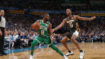 FEBRUARY 9: Kemba Walker #8 of the Boston Celtics handles the ball against the OKC Thunder (Photo by Zach Beeker/NBAE via Getty Images)
