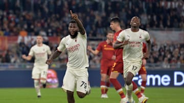 OLIMPICO STADIUM, ROME, ITALY - 2021/10/31: Franck Kessie of AC Milan celebrates with Rafael Leao after scoring the goal of 0-2 during the Serie A football match between AS Roma and AC Milan. AC Milan won 2-1 over AS Roma. (Photo by Antonietta Baldassarre/Insidefoto/LightRocket via Getty Images)