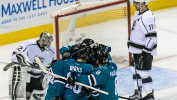 Apr 20, 2016; San Jose, CA, USA; San Jose Sharks left wing Patrick Marleau (12) celebrates scoring against the Los Angeles Kings in the third period of game four of the first round of the 2016 Stanley Cup Playoffs at SAP Center at San Jose. The Sharks won 3-2. Mandatory Credit: John Hefti-USA TODAY Sports