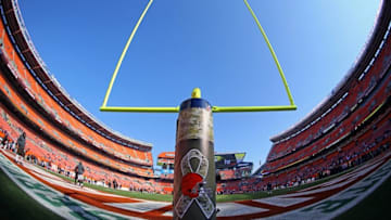 Nov 6, 2016; Cleveland, OH, USA; A view of the goal post with the Cleveland Browns logo for military appreciation at FirstEnergy Stadium. Mandatory Credit: Aaron Doster-USA TODAY Sports