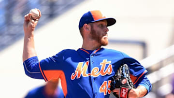 Mar 9, 2015; Port St. Lucie, FL, USA; New York Mets starting pitcher Zack Wheeler (45) throws against the Miami Marlins during the spring training baseball game at Tradition Field. Mandatory Credit: Brad Barr-USA TODAY Sports