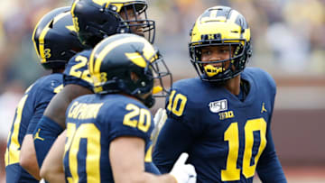 Sep 28, 2019; Ann Arbor, MI, USA; Michigan Wolverines linebacker Anthony Solomon (10) reacts after a play during the fourth quarter against the Rutgers Scarlet Knights at Michigan Stadium. Mandatory Credit: Raj Mehta-USA TODAY Sports