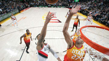 SALT LAKE CITY, UT - FEBRUARY 23: Rudy Gobert #27 of the Utah Jazz blocks the shot against the Portland Trail Blazers on February 23, 2018 at vivint.SmartHome Arena in Salt Lake City, Utah. Copyright 2018 NBAE (Photo by Melissa Majchrzak/NBAE via Getty Images)