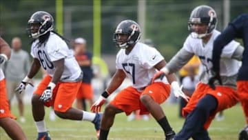 Jul 26, 2013; Bourbonnais, IL, USA; Chicago Bears linebackers Jonathan Bostic (57) and Khaseem Greene (60) drop back into coverage during training camp at Olivet Nazarene University. Mandatory Credit: Jerry Lai-USA TODAY Sports