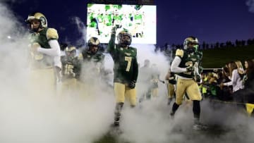 Nov 14, 2015; Fort Collins, CO, USA; Colorado State Rams take to the field before the game against the UNLV Rebels at Sonny Lubick Field at Hughes Stadium. Mandatory Credit: Ron Chenoy-USA TODAY Sports