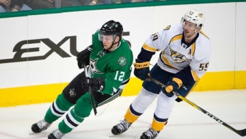 Dec 8, 2016; Dallas, TX, USA; Dallas Stars center Radek Faksa (12) and Nashville Predators defenseman Roman Josi (59) during the game at the American Airlines Center. The Stars defeat the Predators 5-2. Mandatory Credit: Jerome Miron-USA TODAY Sports