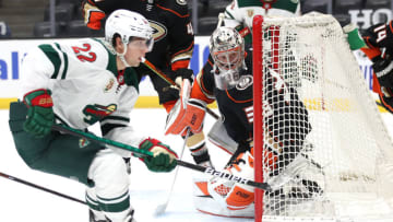 ANAHEIM, CALIFORNIA - JANUARY 18: John Gibson #36 of the Anaheim Ducks tends goal during the third period of a game against the Minnesota Wild at Honda Center on January 18, 2021 in Anaheim, California. (Photo by Sean M. Haffey/Getty Images)