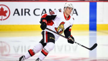 CALGARY, AB - MARCH 21: Ottawa Senators Right Wing Vitaly Abramov (85) warms up before an NHL game where the Calgary Flames hosted the Ottawa Senators on March 21, 2019, at the Scotiabank Saddledome in Calgary, AB. (Photo by Brett Holmes/Icon Sportswire via Getty Images)